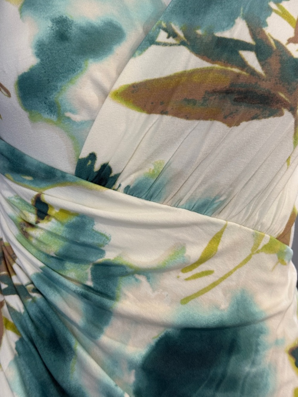 Tommy Bahama White, Teal, Green Floral Faux Wrap Ruched Dress Fully Lined 
-XXS - Picture 9 of 11